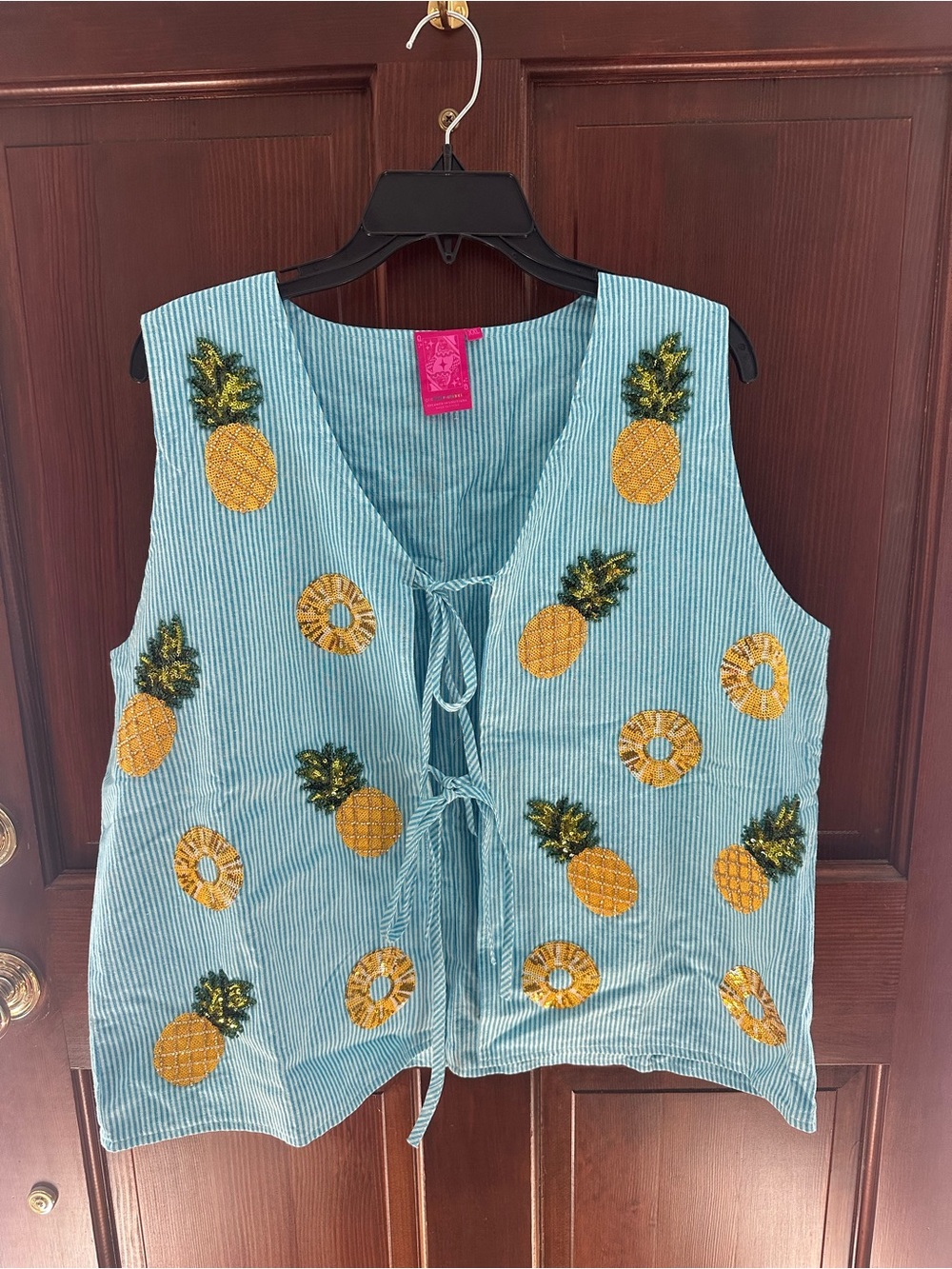 Queen of Sparkles Pineapple Embroidered Blue Striped Tie-Front Vest Shirt